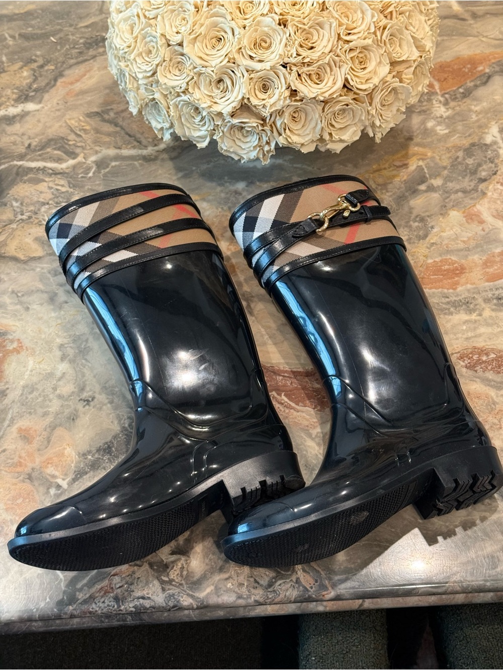 Burberry Nova Check Rubber Rain Boots Black Riding Boots Gold Hardware EU 38 - Picture 8 of 10
